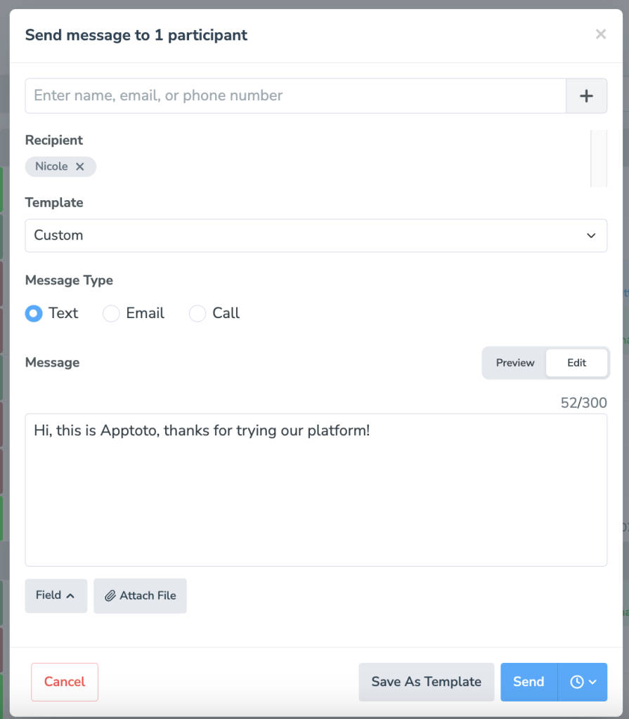 Using the one-time message compose window, add your message context and select message type.